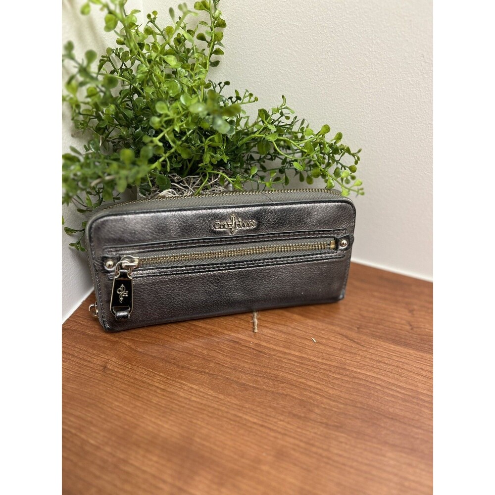 Cole Haan Women’s Silver Bronze Zip Around Leather Wristlet Wallet